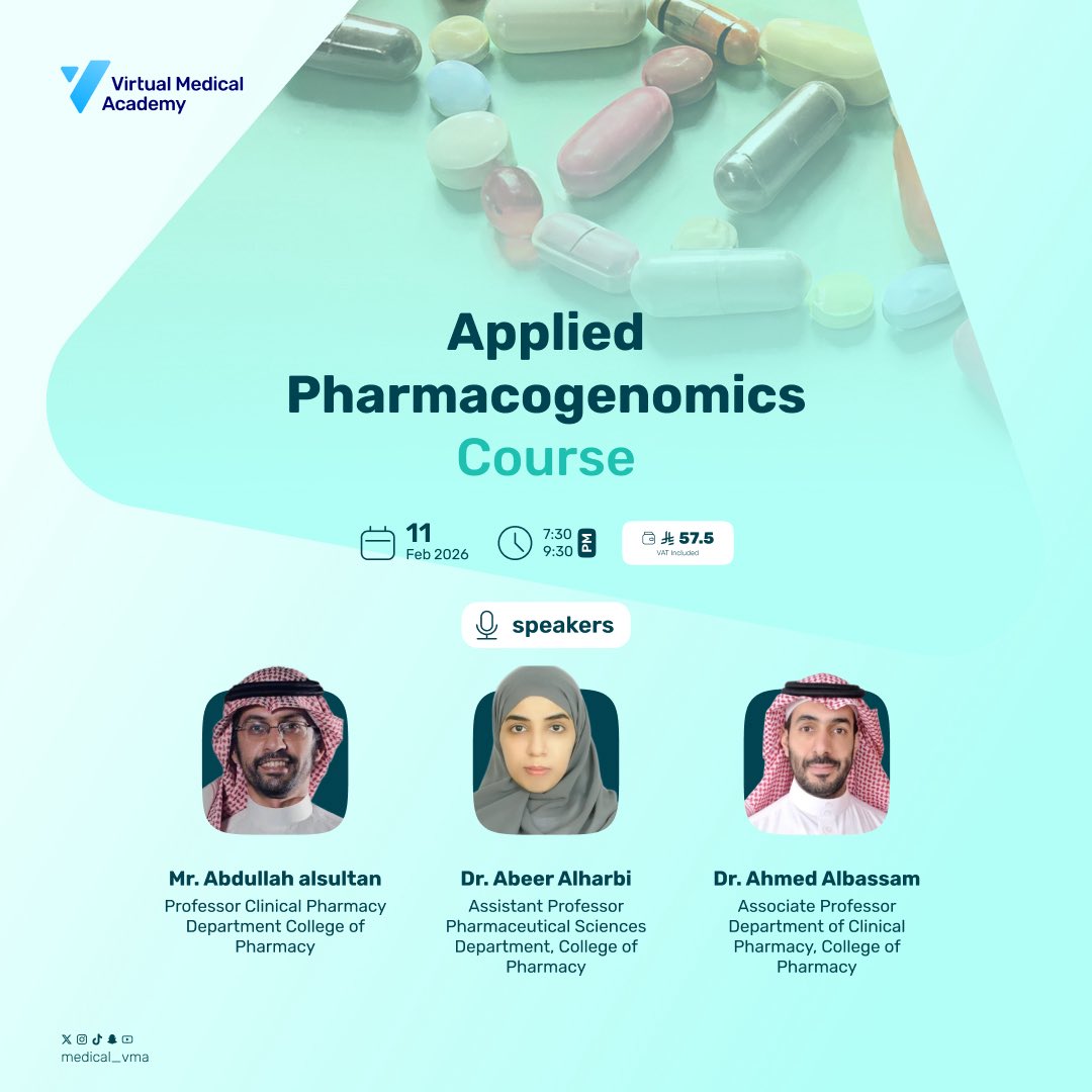 كيف تختار الدواء والجرعة بناءً على الجينات؟

دورة Applied Pharmacogenomics تركز على التطبيق العملي، وتعلّمك كيف تحلل تفاعل الجين–الدواء وتحوّل نتائج الفحوصات الجينية إلى قرارات علاجية أدق لكل مريض.

<a href="/ph3beer/">Abeer Alharbi</a>
<a href="/A_Aalbassam/">Ahmed Albassam</a>
<a href="/A_aalsultan/">Abdullah Alsultan</a>

احجز مقعدك الآن
bit.ly/4qYfbcL