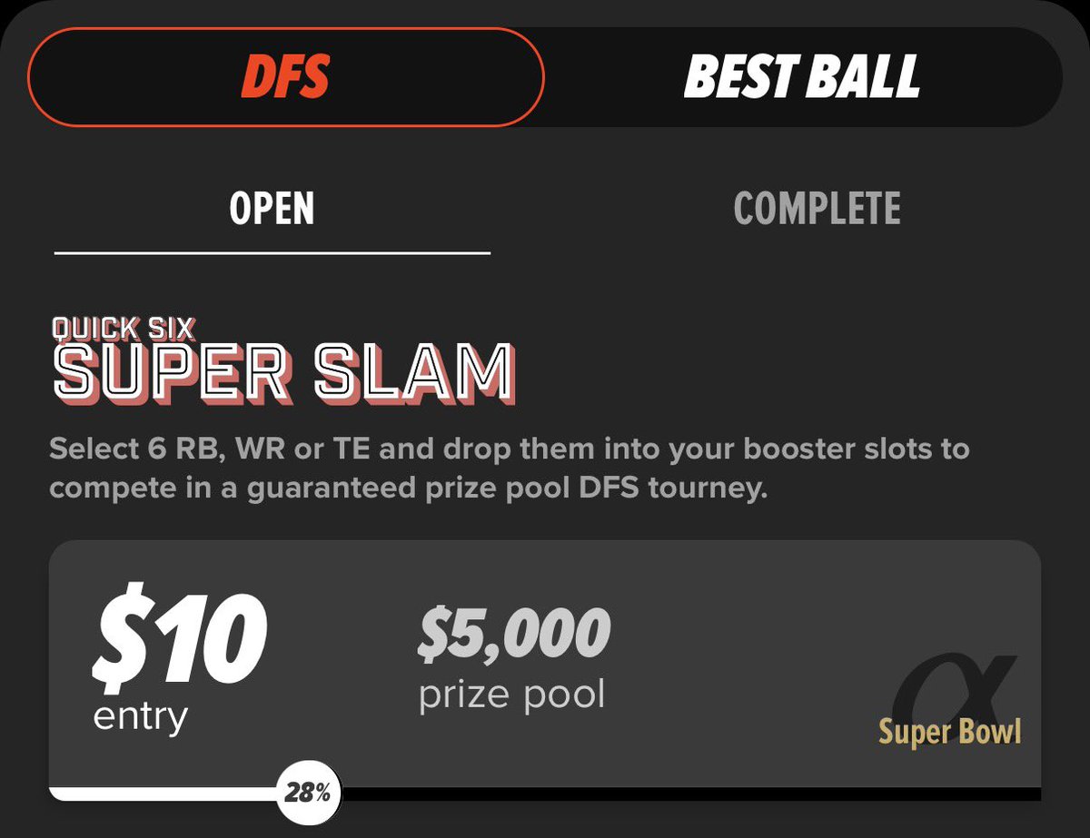 fastdraftapp's tweet photo. Super Bowl? More like Super Slam! 💥

Go play the final DFS contest of this season and pick any six flex players playing next Sunday for your shot at $5k in prizes! https://t.co/VtiscxXSCy