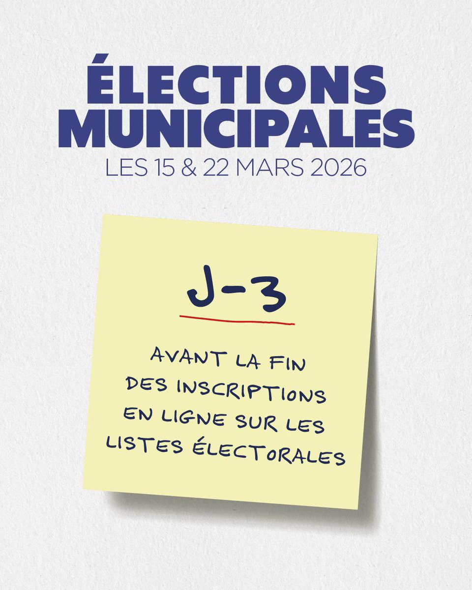 🗳️ 𝐉-𝟑 ! 
Vous souhaitez voter aux élections municipales les 15 et 22 mars prochains ? 
🚀 𝐼𝑛𝑠𝑐𝑟𝑖𝑣𝑒𝑧-𝑣𝑜𝑢𝑠 𝑣𝑖𝑡𝑒 𝑝𝑎𝑟 𝑖𝑐𝑖 : marseille.fr/mairie/actuali…