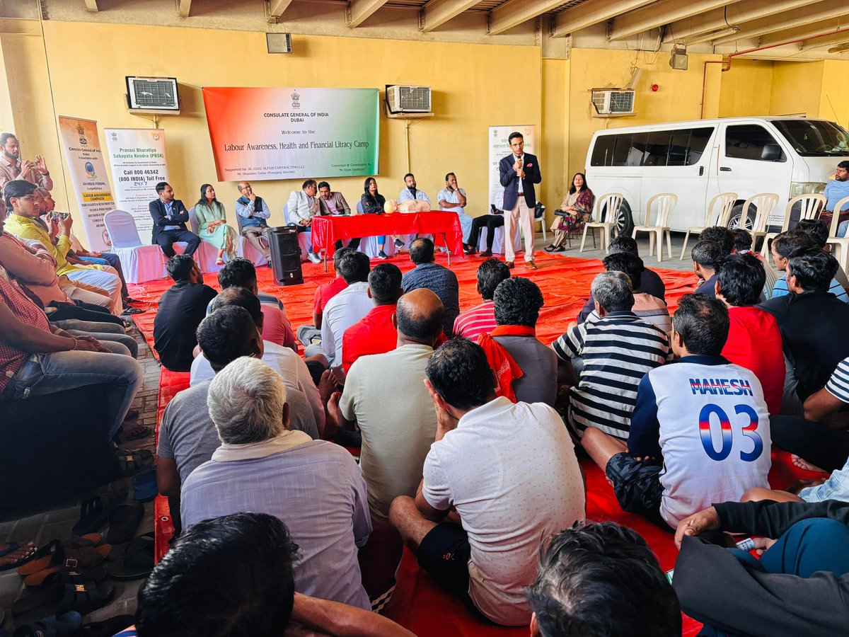 cgidubai's tweet photo. As part of outreach program @cgidubai organised a Labour Awareness Camp at Al Lulu Alfuzi Contracting LLC Camp, Dubai, which saw participation from around 200 migrant workers.

The event commenced with an informative session on welfare measures and grievance redressal mechanisms provided by @pbskdubai followed by a session on financial literacy and fraud prevention. A medical team demonstrated CPR to workers to promote essential life-saving skills.