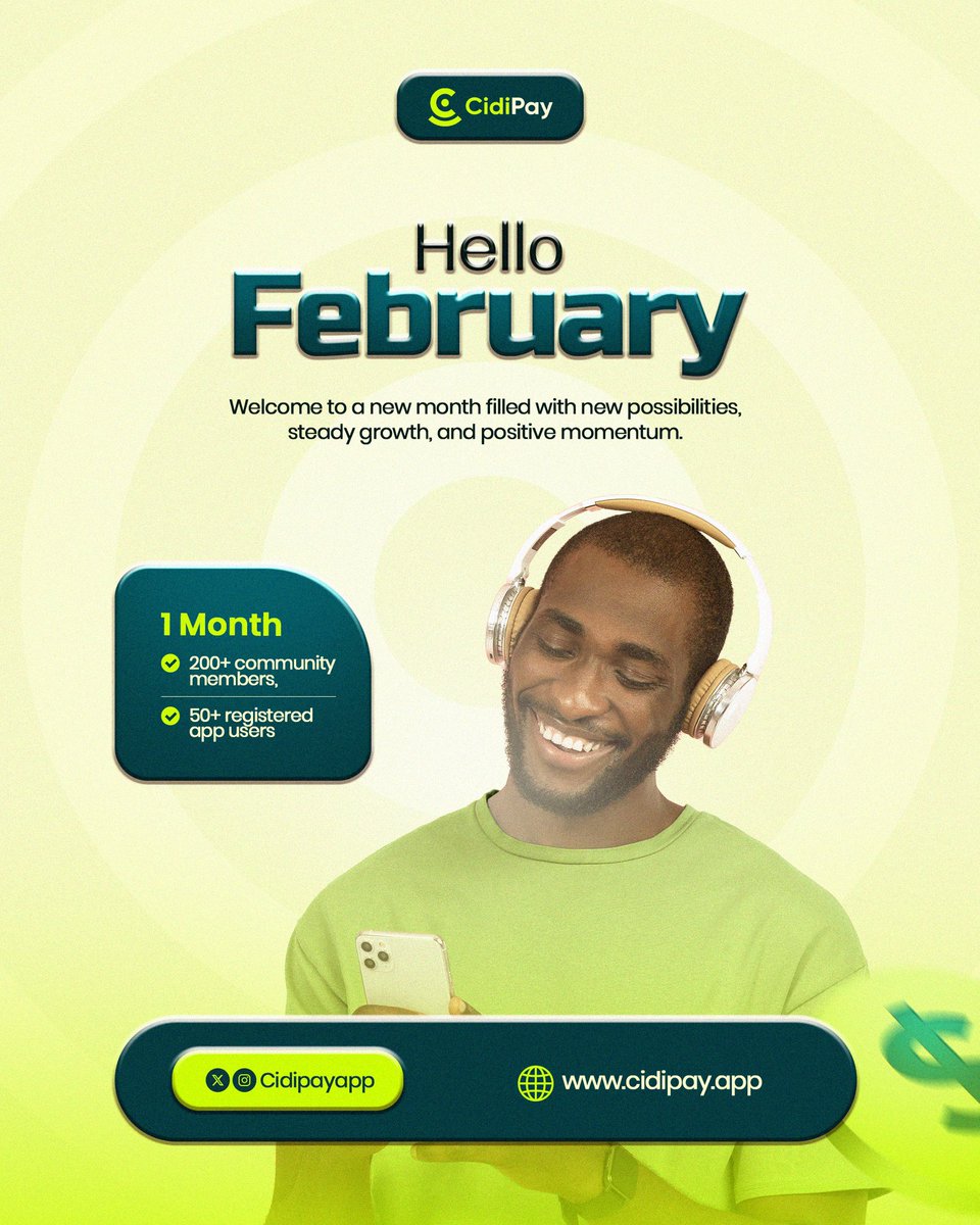 CidipayApp's tweet photo. Happy New Month! 🎉
February is here and we're ready.
✅ 200+ community members
✅ 50+ registered app users
✅ Growing every day
This month:
📱 App stores (soon)
🔄 P2P Trading (soon)
New month, new moves.
Join us: https://t.co/h5FCk0K1DZ
#CidiPay #NewMonth #February https://t.co/7w1DxRmgP6