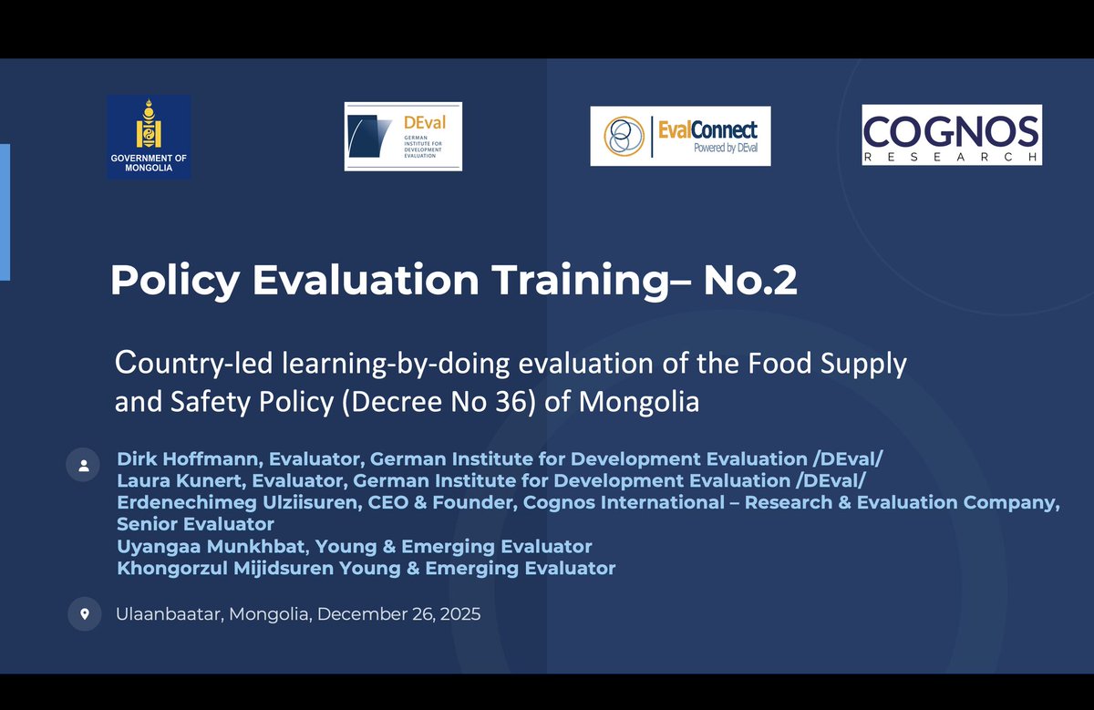 CognosResearch's tweet photo. The 2nd training of 6-series policy evaluation trainings as part of country-led learning-by-doing evaluation of the Food Supply &amp; Safety Policy (Decree No 36) of Mongolia was held on Jan 29-30, 2026 with DEval evaluators &amp; Cognos evaluation team. For more: https://t.co/EGsnCLQGBU https://t.co/glwQF9DA7A