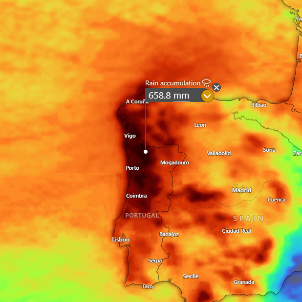 I dont think a lot of people are aware of how rare and dangerous the situation is in Portugal right now.

Over 600mm+ of rainfall is likely to fall between now and the 15th. This will lead to extreme flash flooding and potentially communties being cut off.

Along side this,