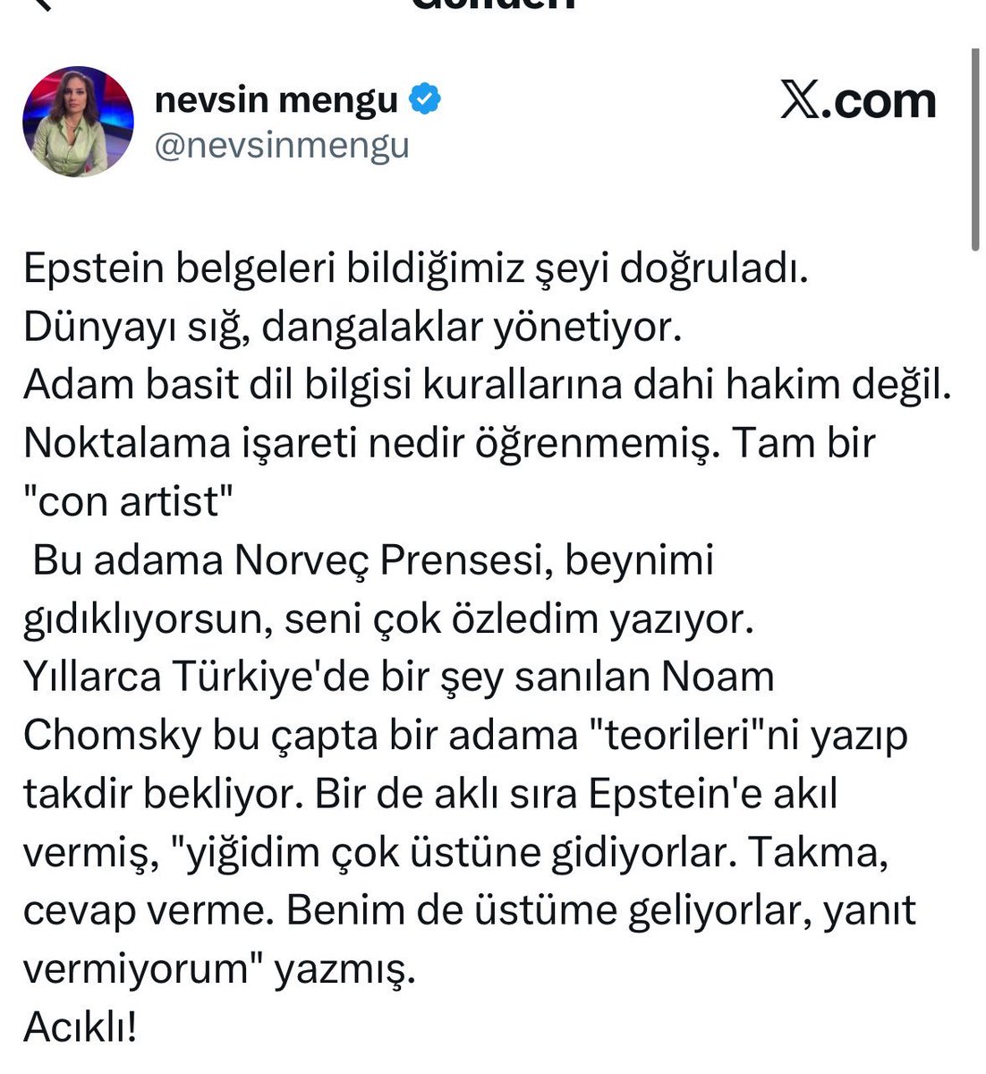 Adamlar insan pişirip yemiş, ritüel adı altında sapıklığın, şeytanlığın bini bir para ama hanfendi sadece “sığ dangalaklar” diyebiliyor. Bunu yapanlar doğulu falan olsaydı bak o zaman neler savururdu böğründen hönkürerek. Şurası çok net, sizlerle sonuna kadar kutuplaşmak, her