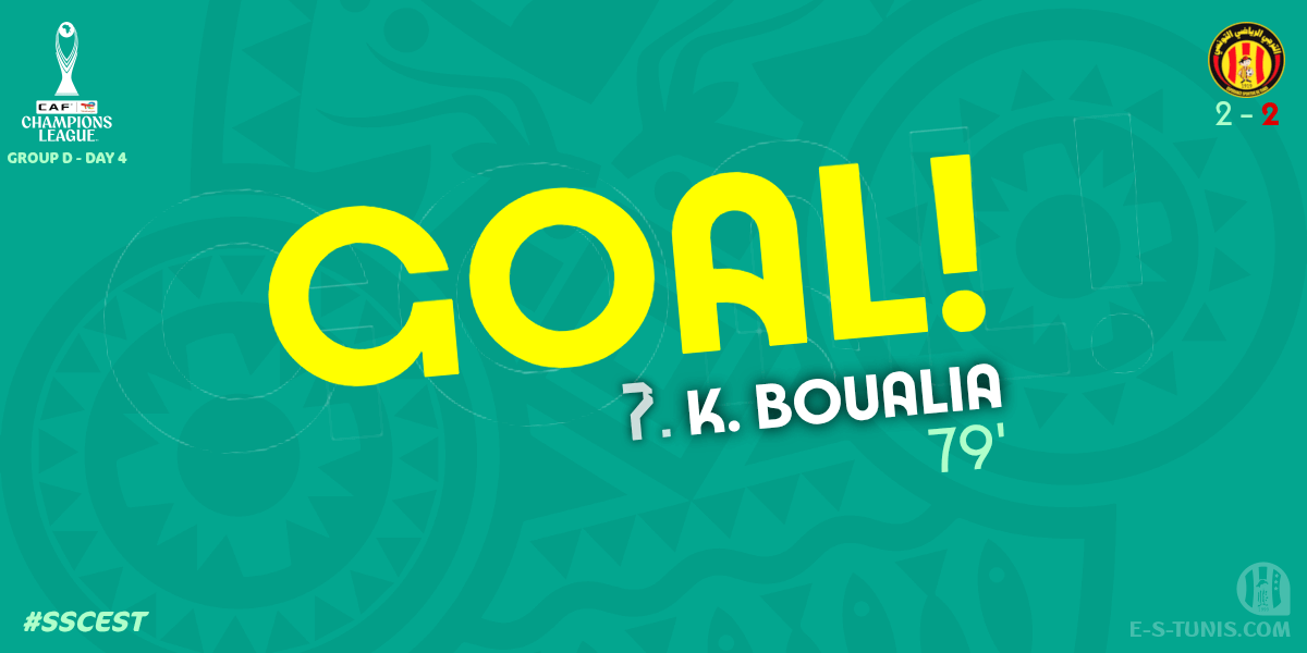 ESTuniscom's tweet photo. ⏱ 81' | #TotalEnergiesCAFCL Gr D. Day 4 #SSCEST | 🇹🇿@SimbaSCTanzania 2⃣-2⃣ @ESTuniscom🇹🇳 : ⚽️ K. Boualia (EST) scores! / هدف / But https://t.co/mes8HJ6zAO