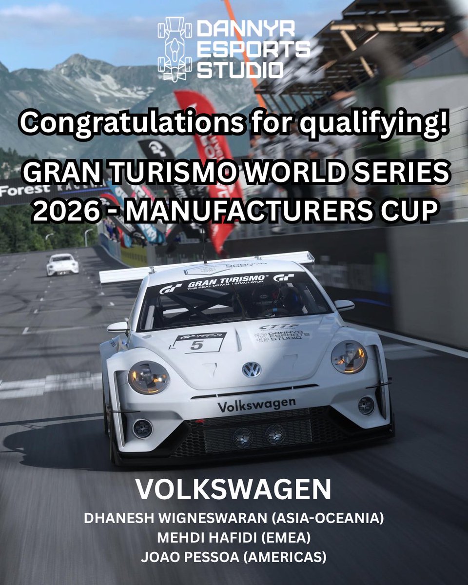 Big congratulations to our founder, <a href="/dannyracing77/">Dhanesh Wigneswaran (ダニーさん)</a> and his teammates, <a href="/MehdiHafidi59/">Mehdi Hafidi</a> and <a href="/joaocsp07/">Joao Claudio</a> , for qualifying for the 2026 GTWS Manufacturers Cup with Volkswagen! 

Wishing everyone all the best and good luck in this year's GTWS live events! #GT7 #simracing