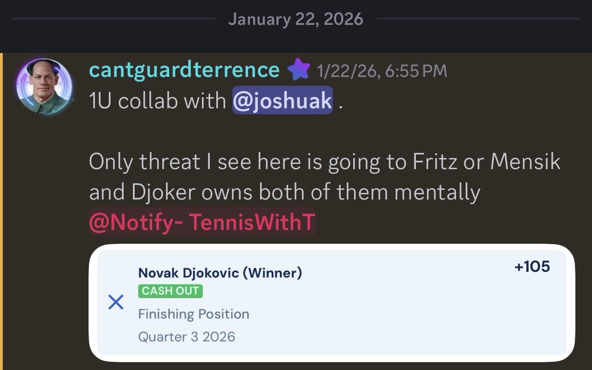 TennisWithT's tweet image. They told me the script 🤫 🤫 🤫 

Carlos #AustralianOpen +160 ✅ 
Djoker Quarter winner +105 ✅ 
Carlos wins Set 2 ✅ 
Carlos wins set 3 ✅ 
Carlos wins set 4 ✅ 
+850 ✅ 

#GamblingX