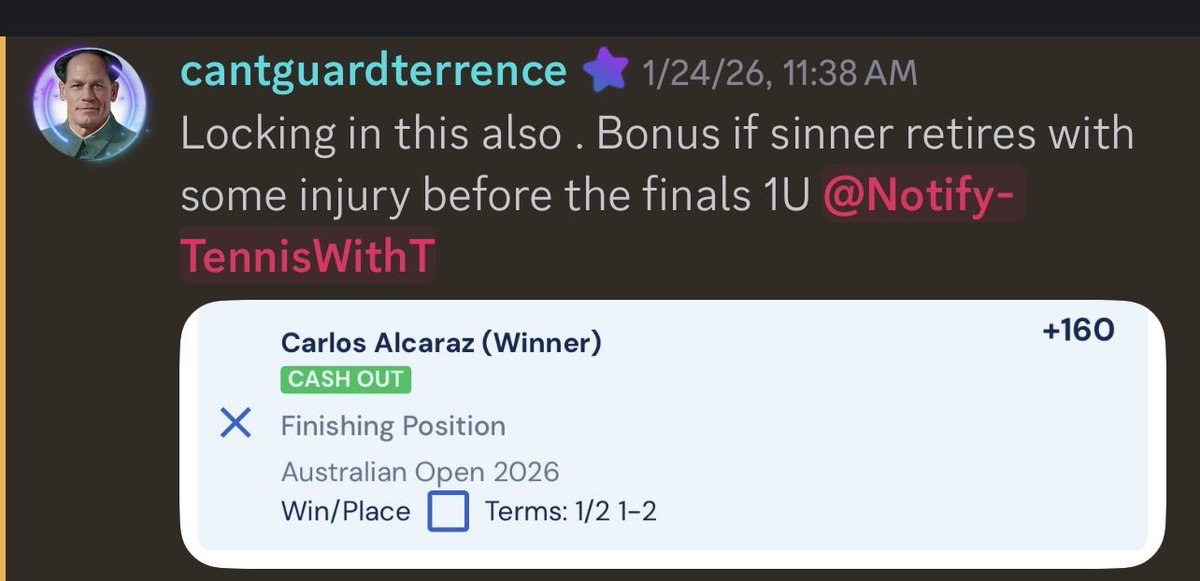 TennisWithT's tweet image. They told me the script 🤫 🤫 🤫 

Carlos #AustralianOpen +160 ✅ 
Djoker Quarter winner +105 ✅ 
Carlos wins Set 2 ✅ 
Carlos wins set 3 ✅ 
Carlos wins set 4 ✅ 
+850 ✅ 

#GamblingX