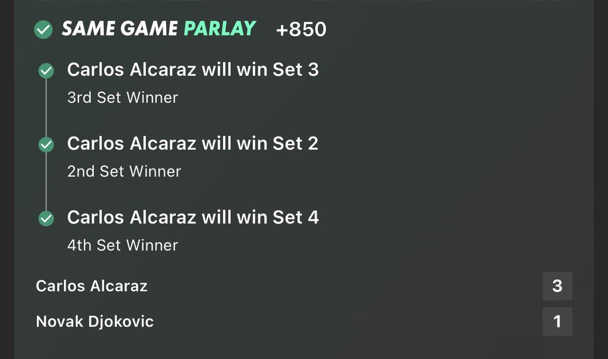 TennisWithT's tweet image. They told me the script 🤫 🤫 🤫 

Carlos #AustralianOpen +160 ✅ 
Djoker Quarter winner +105 ✅ 
Carlos wins Set 2 ✅ 
Carlos wins set 3 ✅ 
Carlos wins set 4 ✅ 
+850 ✅ 

#GamblingX