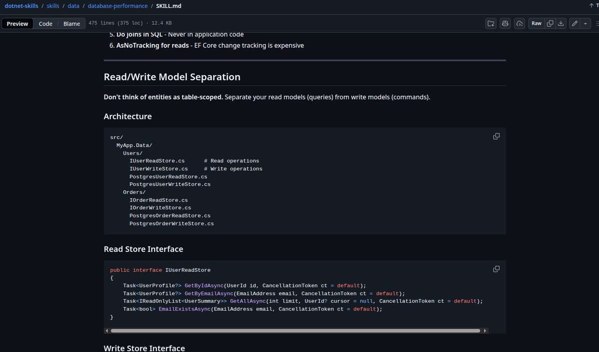 Aaronontheweb's tweet photo. The most valuable Claude Code skills in my dotnet-skills repo are probably actually the database skills.

But people are going to be in for a surprise when claude starts recommending CQRS lol https://t.co/FW79j3AtnJ