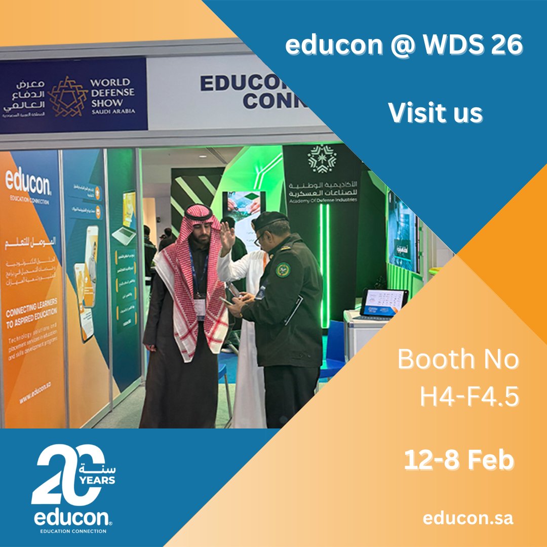 educonKSA's tweet photo. #educon is participating in World Defense Show 2026 (@WDS_KSA ) in Riyadh from 8–12 February 2026, at Booth H4-F4.5, marking our second participation following WDS 2024.

With 20 years of experience, Educon is a leading partner in the military industries sector, delivering scholarship program management, alongside language programs and academic preparation solutions.

This participation coincides with Educon’s 20th anniversary, as we showcase new solutions and offerings supporting capacity building and human capital development.

📍 Visit us at Booth H4-F4.5

#Educon #WDS2026 #MilitaryIndustries #EducationAndTraining #Educon20
