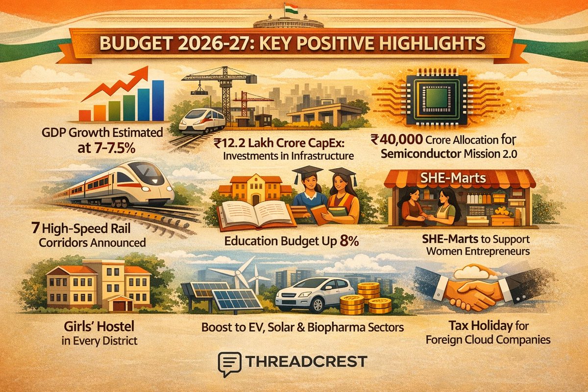 ThreadCrest's tweet photo. Budget 2026–27: Key Positive Highlights 🇮🇳
#Budget2026 #IndiaGrowth #Infrastructure #Semiconductor https://t.co/44K4TOlWwD