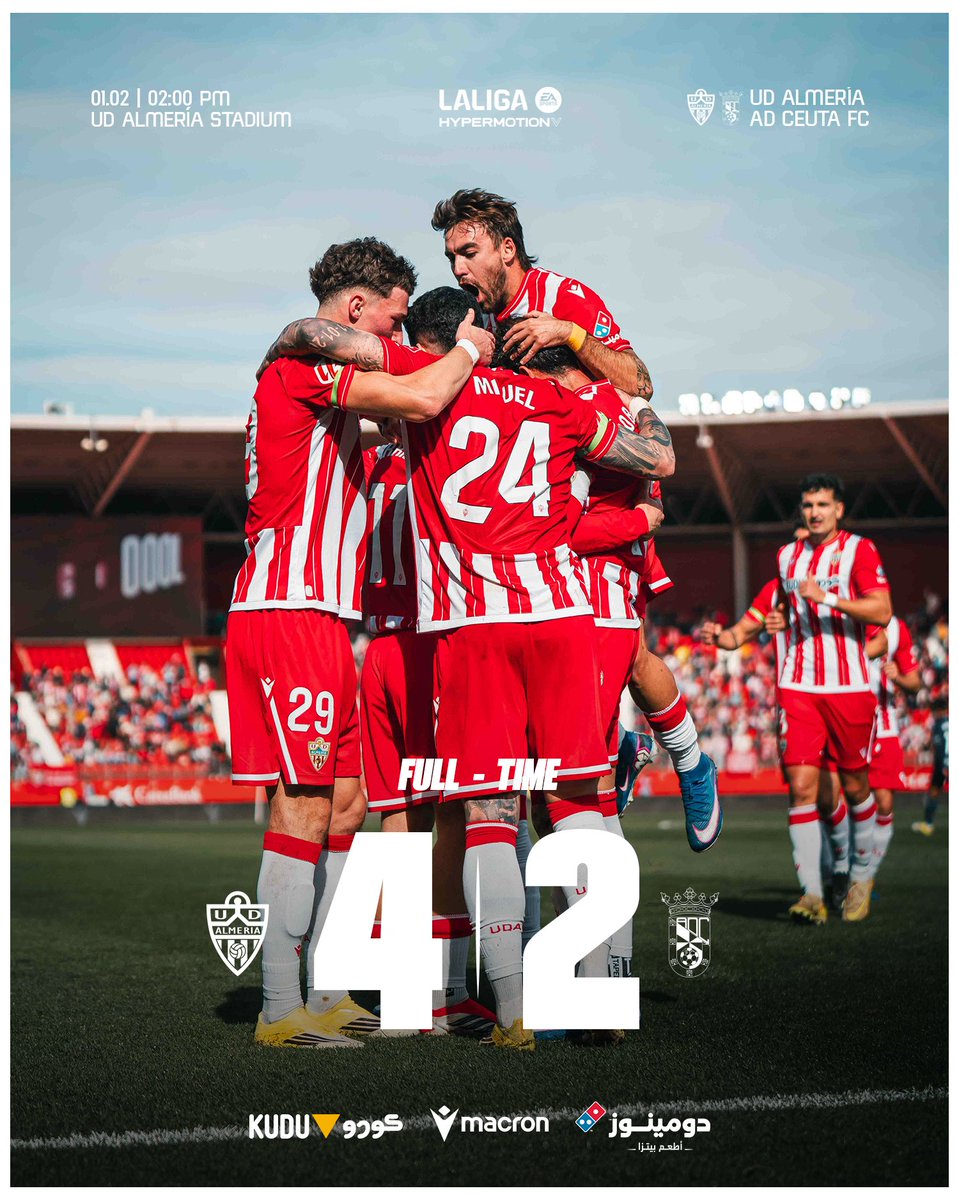 ✅ ¡VICTORIA! 🔥

➡️ UD Almería 4-2 AD Ceuta FC
⚽ Arribas (p.)
⚽ Baptistao
⚽ Morci
⚽ Embarba (p.)

#️⃣ #vamosalmería | ⚽️ #AlmeríaADCeutaFC | 📻 #UDAradio