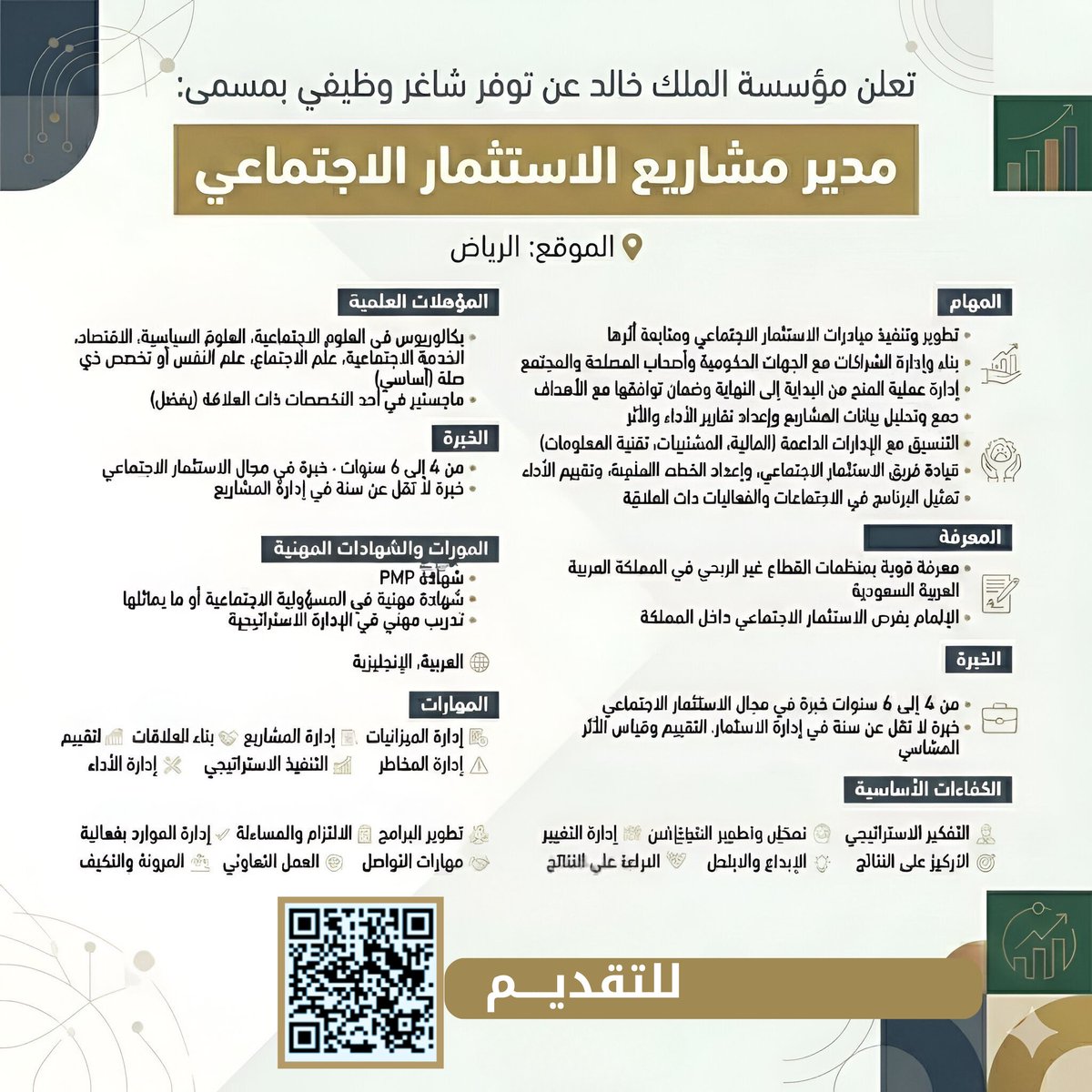 SW_Knowledge's tweet photo. تعلن #مؤسسة_الملك_خالد عن شاغر:

🔻مدير مشاريع الاستثمار الاجتماعي - للجنسين

🔹تخصص #الخدمة_الاجتماعية - #علم_الاجتماع - #علم_النفس
🔹قيادة فريق الاستثمار الاجتماعي
🔹بناء شراكات مع جهات حكومية
🔹تمثيل البرنامج في الاجتماعات
🔹 تنفيذ المبادرات
🔹تقديم https://t.co/ecnKCgzX8p https://t.co/246pgr0C9D