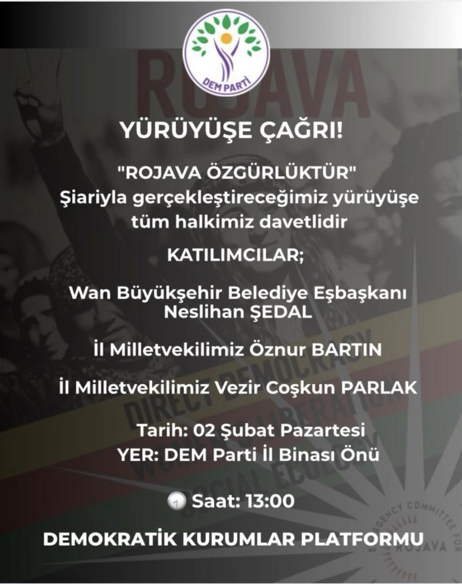 Em sibê, ji bo xwedî derketina Rojava, ji bo xwedî derketina destkeftiyên gelê Kurd li Colemêrgê dimeşin. 
Em benda hemû gelê xwe ne. 
 
Yarın, Rojava’ya sahip çıkmak için Colemerg’de gerçekleştireceğimiz yürüyüşe tüm halkımızı bekliyoruz. 

#DefendRojava