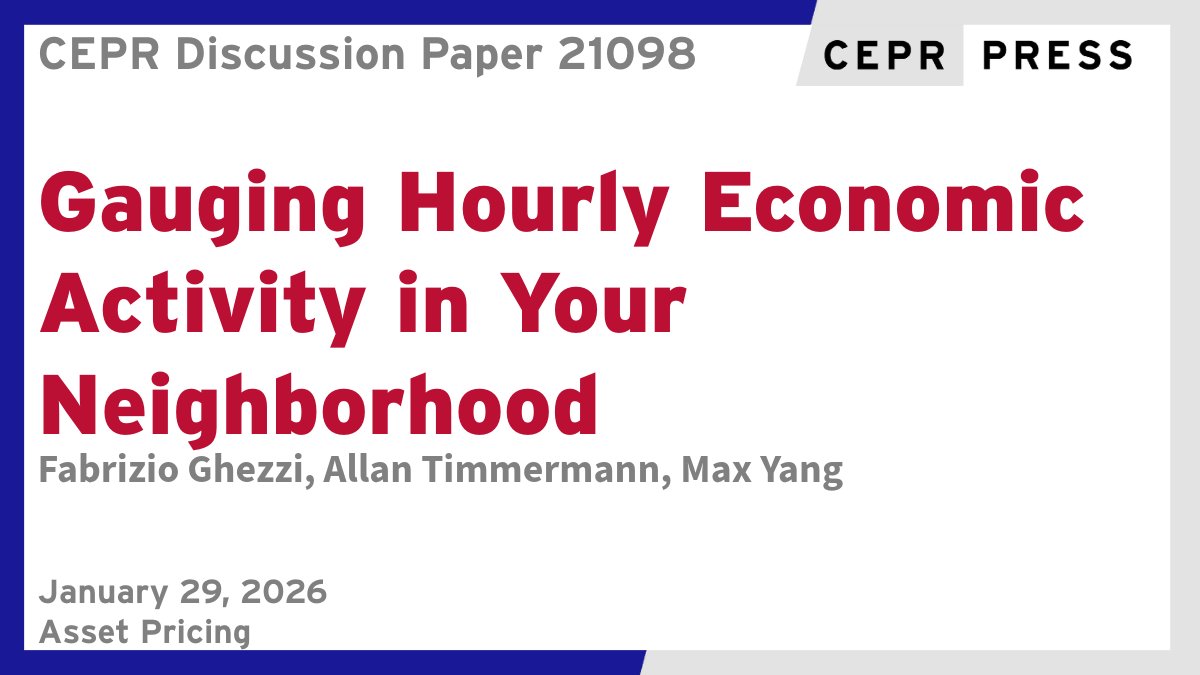 cepr_org's tweet photo. New CEPR Discussion Paper - DP21098 
Gauging Hourly Economic Activity in Your Neighborhood 
Fabrizio Ghezzi, Allan Timmermann &amp; Max Yang @RadySchool @UCSanDiego 
https://t.co/gTTRwybXuz 
#CEPR_AP #EconTwitter https://t.co/L2hr1X3PQ0