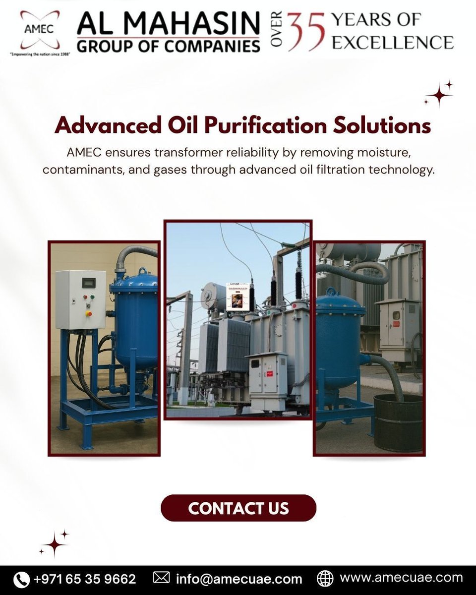 amecuae's tweet image. Powering reliability for over 35 years ⚡
Our Advanced Oil Purification Solutions ensure transformer performance by effectively removing moisture, contaminants, and gases extending equipment life and reducing downtime.

#OilPurification #TransformerReliability #PowerSolutions