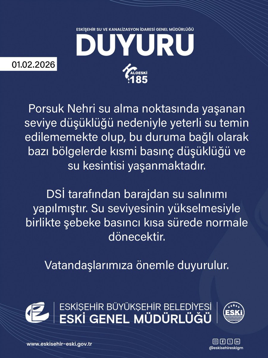 eskisehireskigm's tweet photo. ❗️DUYURU❗️

Porsuk Nehri su alma noktasında yaşanan seviye düşüklüğü nedeniyle yeterli su temin edilememekte olup, bu duruma bağlı olarak bazı bölgelerde kısmi basınç düşüklüğü ve su kesintisi yaşanmaktadır.

DSİ tarafından barajdan su salınımı yapılmıştır.
Su seviyesinin yükselmesiyle birlikte şebeke basıncı kısa sürede normale dönecektir.

Vatandaşlarımıza önemle duyurulur.