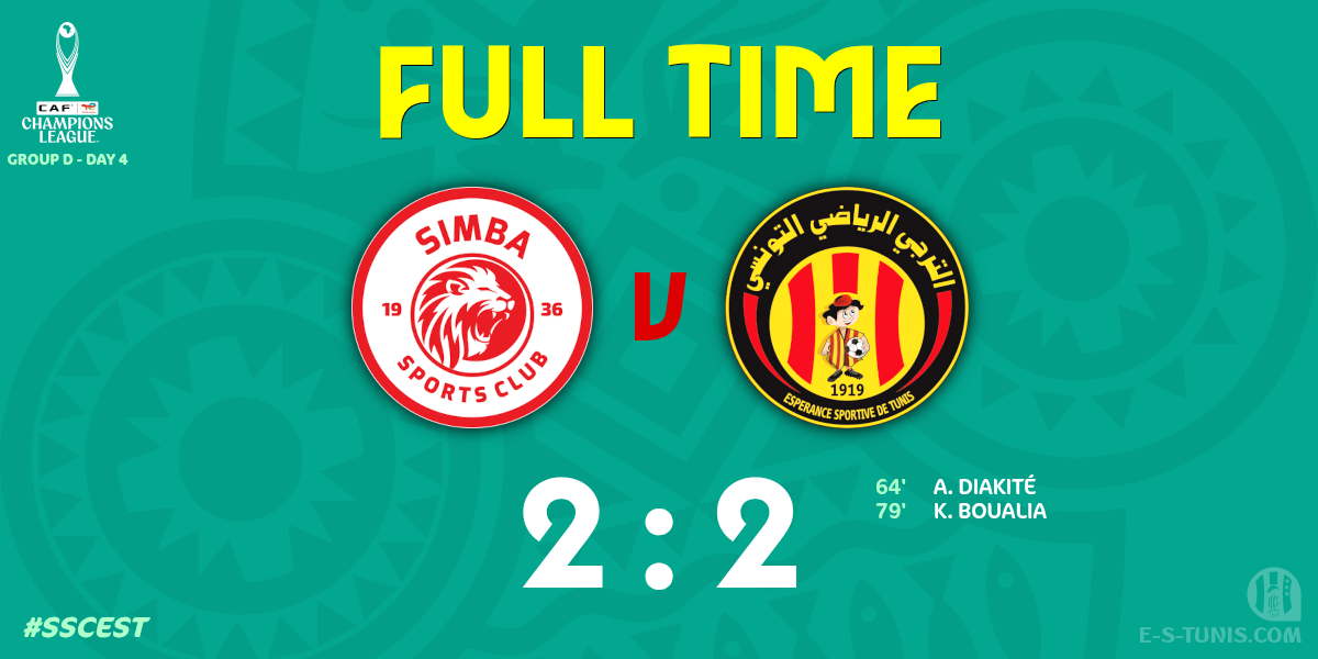 ESTuniscom's tweet photo. ⏱ FT | #TotalEnergiesCAFCL Gr D. Day 4 #SSCEST | 🇹🇿@SimbaSCTanzania 2⃣-2⃣ @ESTuniscom🇹🇳 : End of the match / نهاية المباراة / Fin du match https://t.co/TIn3hphmIp