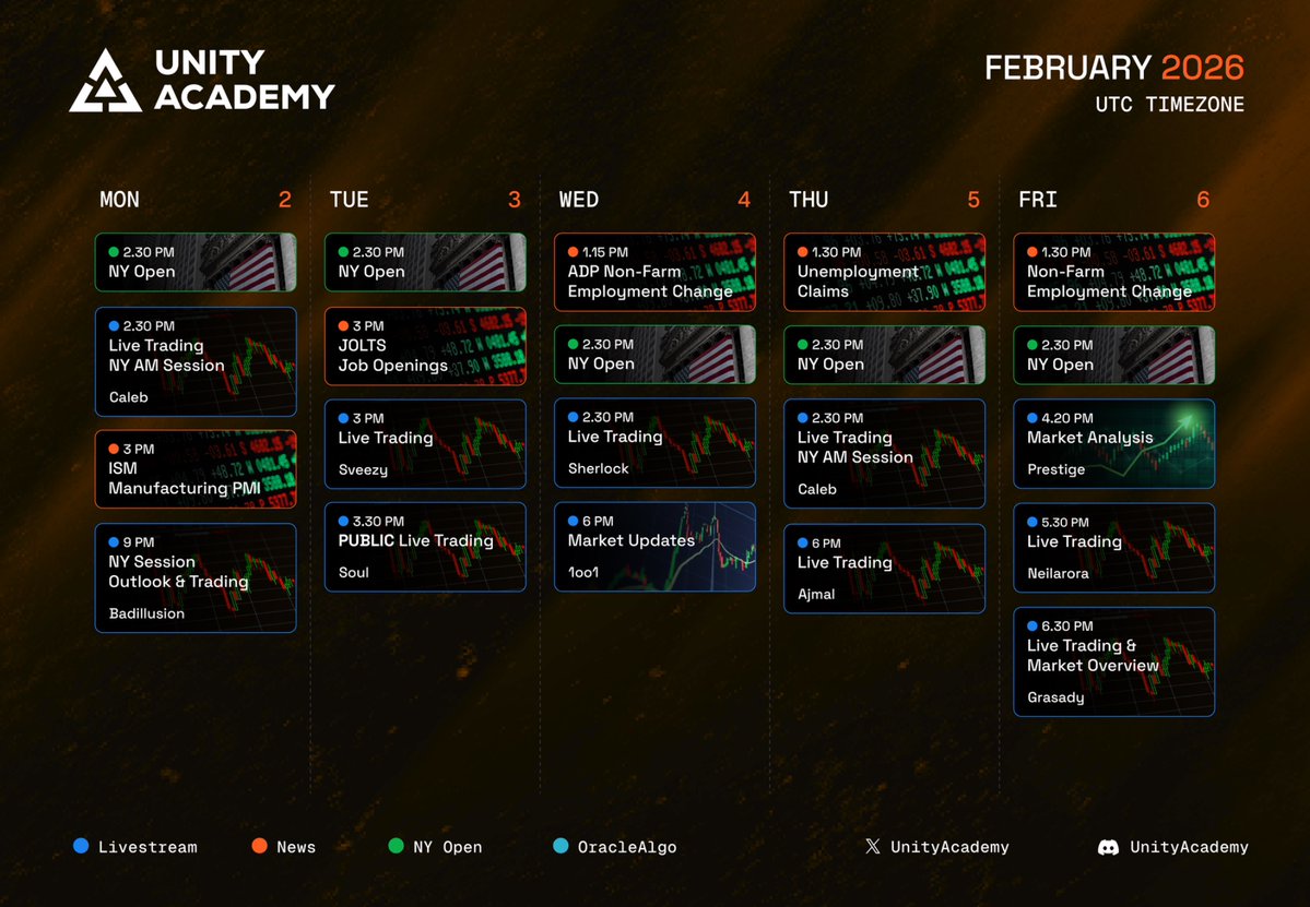 UnityAcademy's tweet image. First week of February &amp;amp; Unity Stream schedule is officially live! 💥

Total of 10+ live streams with our analysts covering market analysis, live trading &amp;amp; news.

Ready to go live with the experts? Unity is here for you 🤝