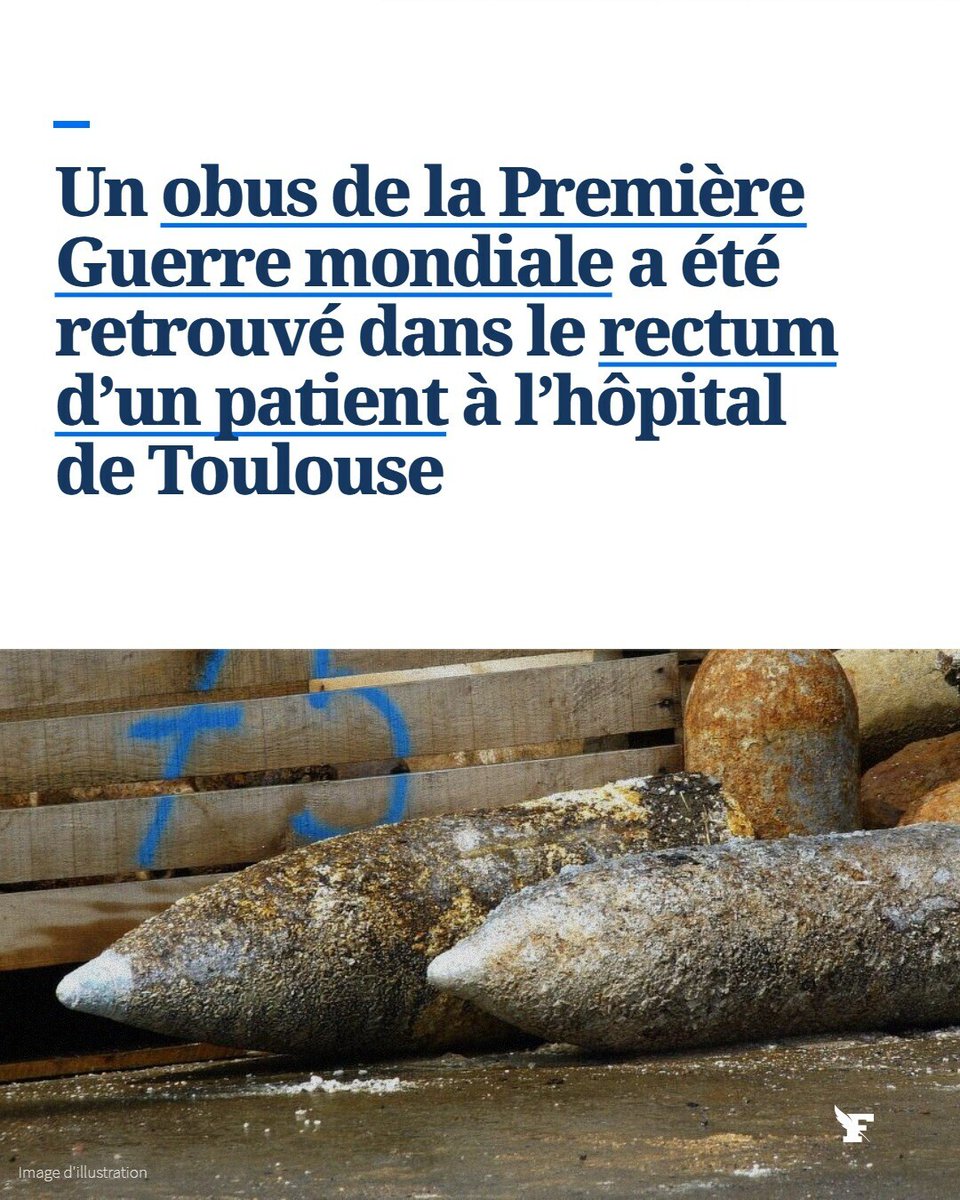 Le_Figaro's tweet image. Un obus de la Première Guerre mondiale a été retrouvé dans le rectum d’un patient à l’hôpital de Toulouse. L’objet a été identifié après l’intervention par un chirurgien. La découverte a entraîné la mobilisation des services de déminage. →l.lefigaro.fr/Vtop