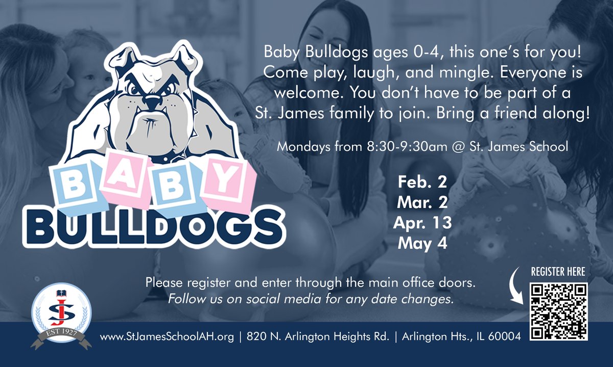 𝗝𝗼𝗶𝗻 𝘂𝘀 𝗧𝗢𝗠𝗢𝗥𝗥𝗢𝗪 𝗳𝗼𝗿 𝗕𝗮𝗯𝘆 𝗕𝘂𝗹𝗹𝗱𝗼𝗴𝘀! Let us know if you can make it and no worries if plans change. We hope to see you there! Register here => bit.ly/3IOcQkj
#SJSAH #StJamesSchoolAH #SJSBulldogs