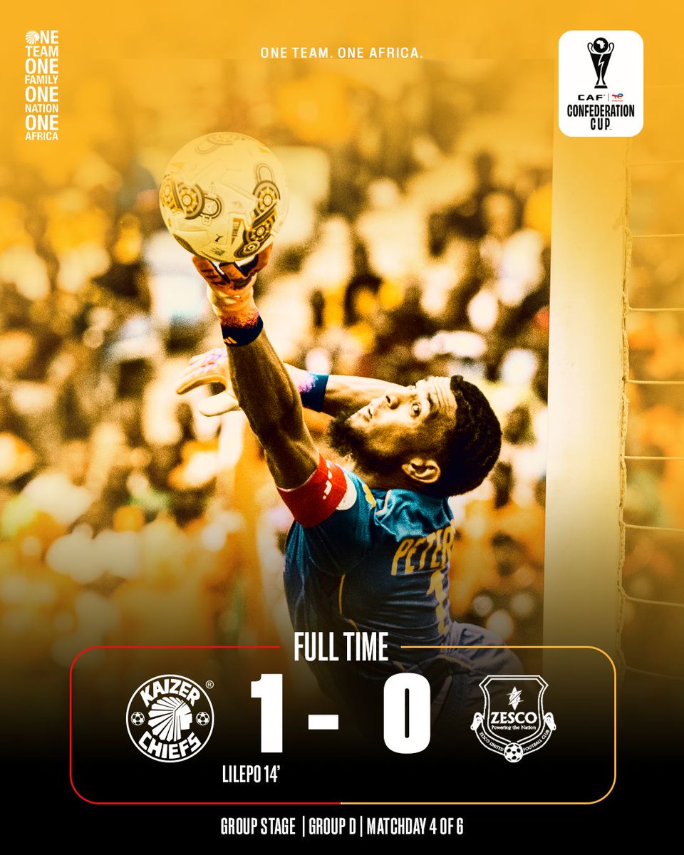 KaizerChiefs's tweet image. 90 + 4’| #KC 1 : 0 #ZU 

Full time score: (Lilepo 14’) Kaizer Chiefs 1 : 0 Zesco United

#Amakhosi4Life #TotalEnergiesCAFCC #KCOneAfrica