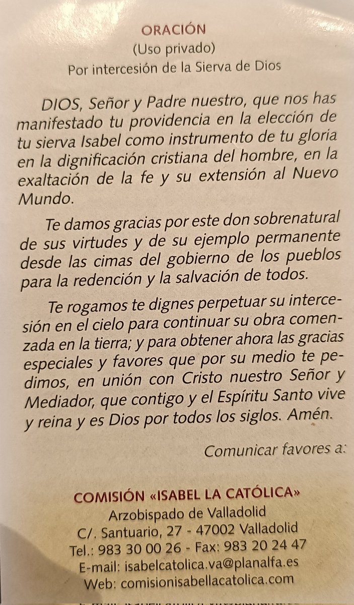 Hoy, primero de mes, publicamos la Oración por intercesión de la Sierva de Dios Isabel la Católica <a href="/ComisionIsabel/">Comisión Isabel la Católica Arzobispado Valladolid</a>
