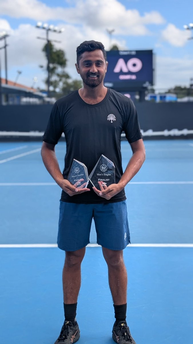 sp2prithvi's tweet photo. I’m excited to share that I have secured Runner's up in Men's Singles &amp; Mens Doubles in the 2026 Australian Open Deaf Tennis Slam
😀😀��💪💪💪
 @Udhaystalin @narendramodi @RailMinIndia @SportsTN_ @IndiaSports @Media_SAI @AITA__Tennis https://t.co/Twte9XjxN9