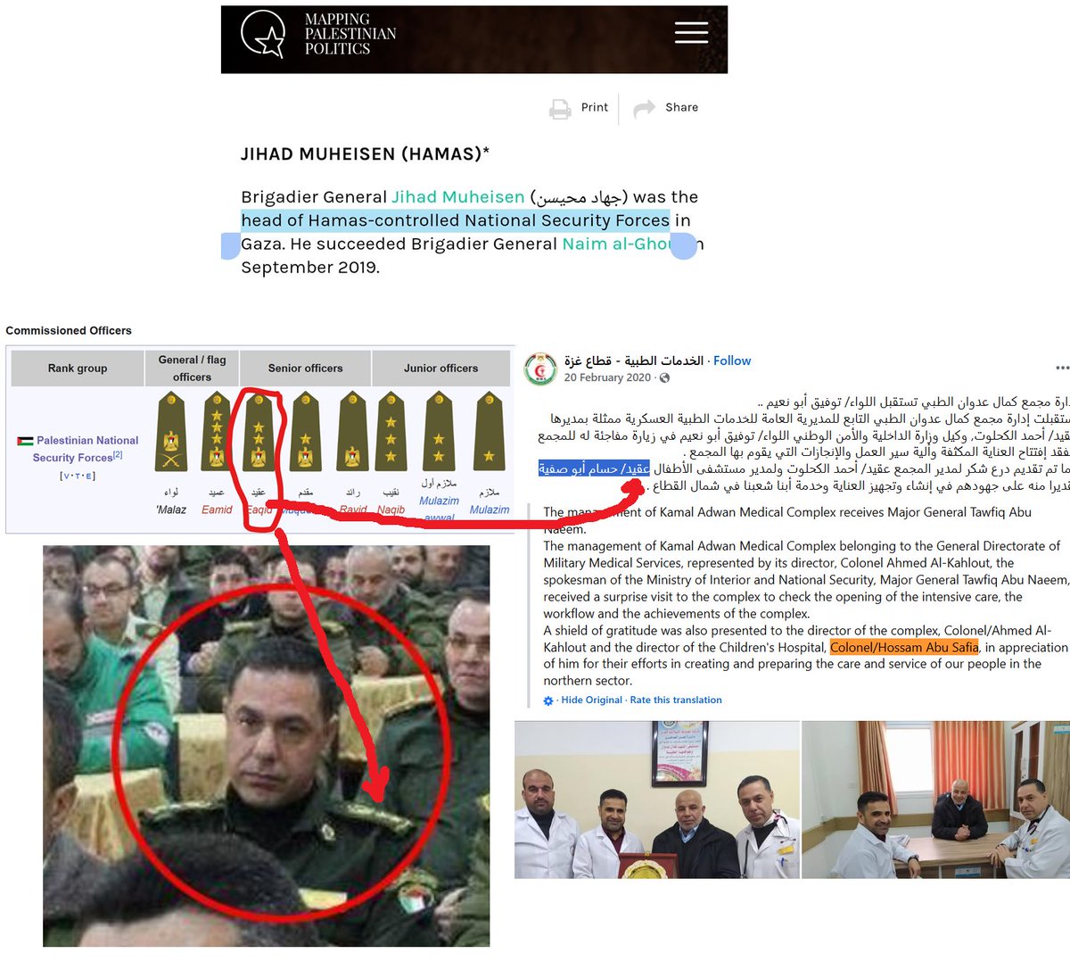 Let's debunk this stupid Egyptian's bullshit,

Yes, Hamas has military ranks,
Its military wing is literally called the Al-Qassam *Brigades*

These are the ranks of the National Security that in Gaza are controlled by Hamas,

Dr. Hussam is explicitly referred to as "عقيد " which