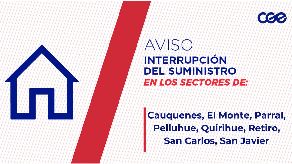 CGE_Clientes's tweet photo. Informamos a nuestros clientes de los sectores 128, M-50, M-70-N, M-890, Avenida Doctor Meza; en la comuna de #Cauquenes, #ElMonte, #Parral, #Pelluhue, #Quirihue, #Retiro, #SanCarlos, #SanJavier, la interrupción del suministro eléctrico. Nuestro personal de emergencia ya está informado.