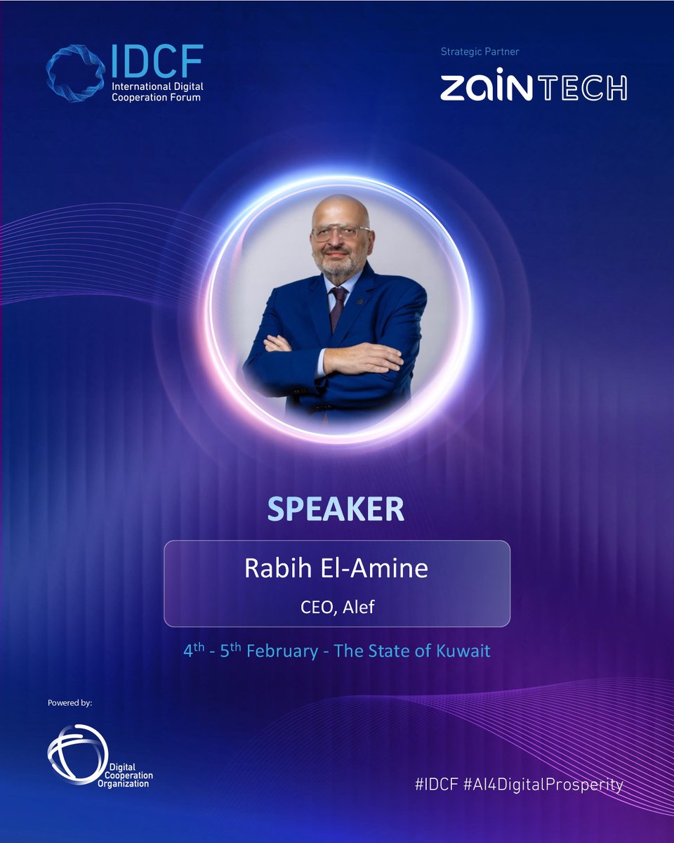 alefInter's tweet photo. We are proud to share that our CEO, Mr. @RabihElAmine1 , will participate as a Panel Speaker at the International Digital Cooperation Forum (IDCF) in Kuwait, taking place on 4–5 February. 

Organized by the Digital Cooperation Organization (DCO) @dcorg, the forum brings together decision-makers and innovators to advance dialogue on digital growth, cross-border cooperation, and AI-enabled progress. 
#IDCF 
#IDCF2026 
#DigitalProsperity4All 
#InclusiveProsperity 
#AI4DigitalProsperity