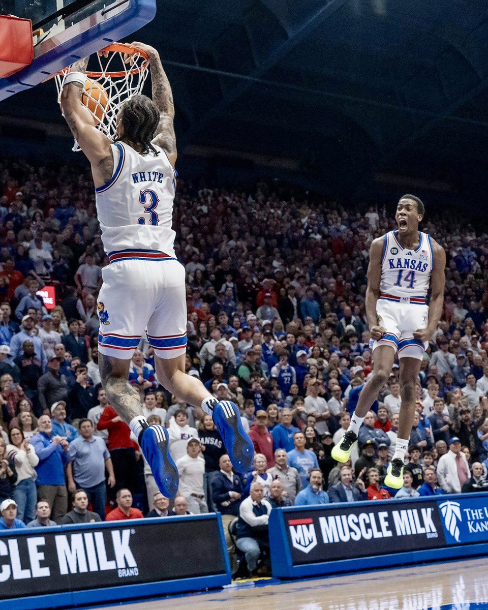 FansOfKU's tweet photo. Melvin’s happiness/energy is infectious. Look how fired up he is for Tre White’s dunk at the end of yesterday’s win over BYU. Melvin jumped just as high as Tre 😂😂😂 https://t.co/GdJB1cdk4b