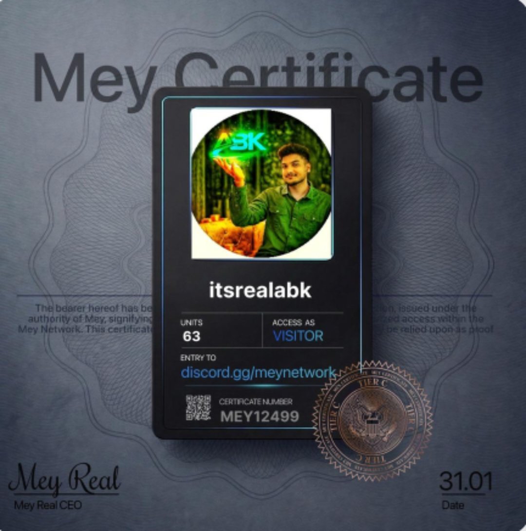 itsrealabk's tweet photo. MEY Certificate 

Claim yours to get verified in MEY HQ, earn Units (Points), and qualify for Future Access 

Claim now 👀
https://t.co/11nAqywkl0

➠ Join Discord and Complete verify
➠ Click On Mey-certificate channel
➠ Generate Certificate
 ➠ Tweet and Submit Link https://t.co/F3ComKkuEU