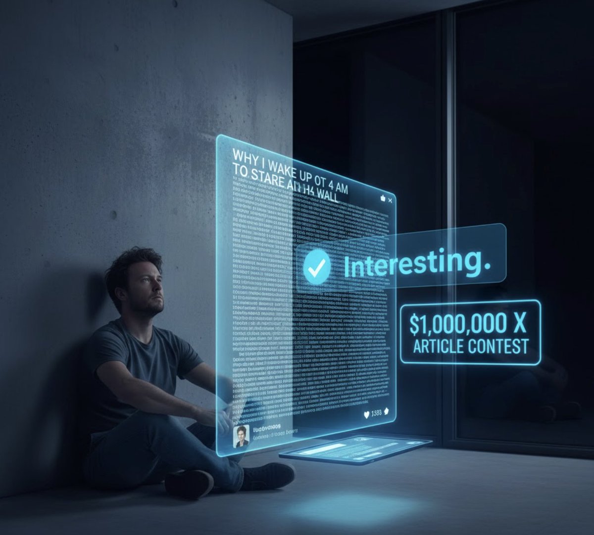 1dilio's tweet photo. X is offering $1M for the best long-form article? I can’t wait to read 40,000 words on "Why I wake up at 4 AM to stare at a wall" just so a guy with a blue check can reply "Interesting" and get more reach than the author.
#XArticle #CreatorEconomy #WritingCommunity https://t.co/ocHtMWgluY