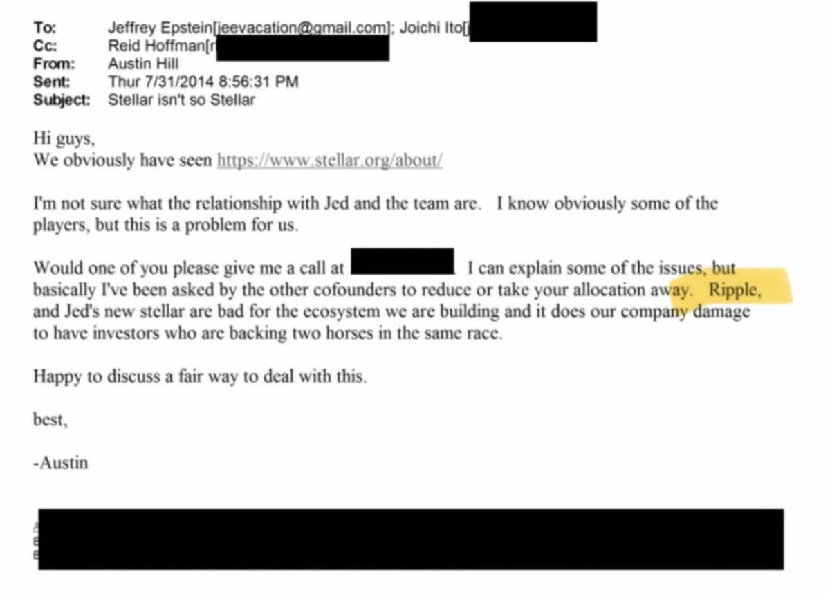 Xfinancebull's tweet photo. For years, they told you $XRP and $XLM were scams. 

Centralized garbage. No future.
Now we're seeing the 2014 emails.

Austin Hill to Jeffrey Epstein: Ripple and Stellar are "bad for the ecosystem we are building."
The subject line? "Stellar isn't so Stellar."

This wasn't organic skepticism. This was coordinated narrative management from people who saw utility tokens as threats.

David Schwartz weighed in. Said there's no direct Epstein connection to Ripple or Stellar. But acknowledged this attitude was widespread and damaging.

A decade of manufactured doubt.

And yet here we are. Ripple in courtrooms winning. Stellar integrated into global payments. Both still standing.

The truth has a way of surfacing.

You'll remember when this narrative finally flipped.