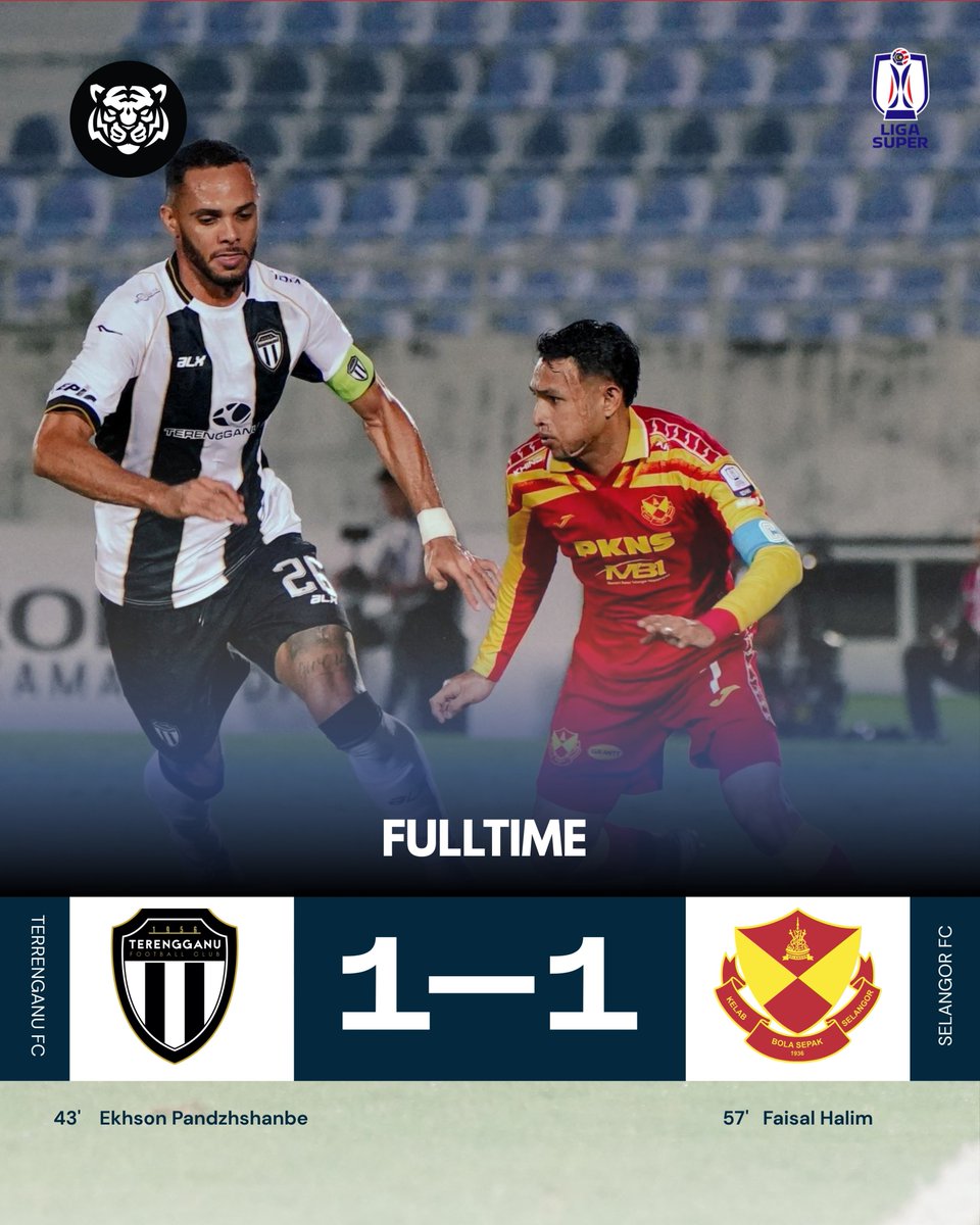 OneTigerForever's tweet image. FULLTIME
TERENGGANU FC 1 - SELANGOR FC 1

⚽️Ekhson Pandzhshanbe 43'
⚽️Faisal Halim 57'

📸: Selangor FC

#OneTigerArena #ligasuper #MFL #TerengganuFC #selangorfc