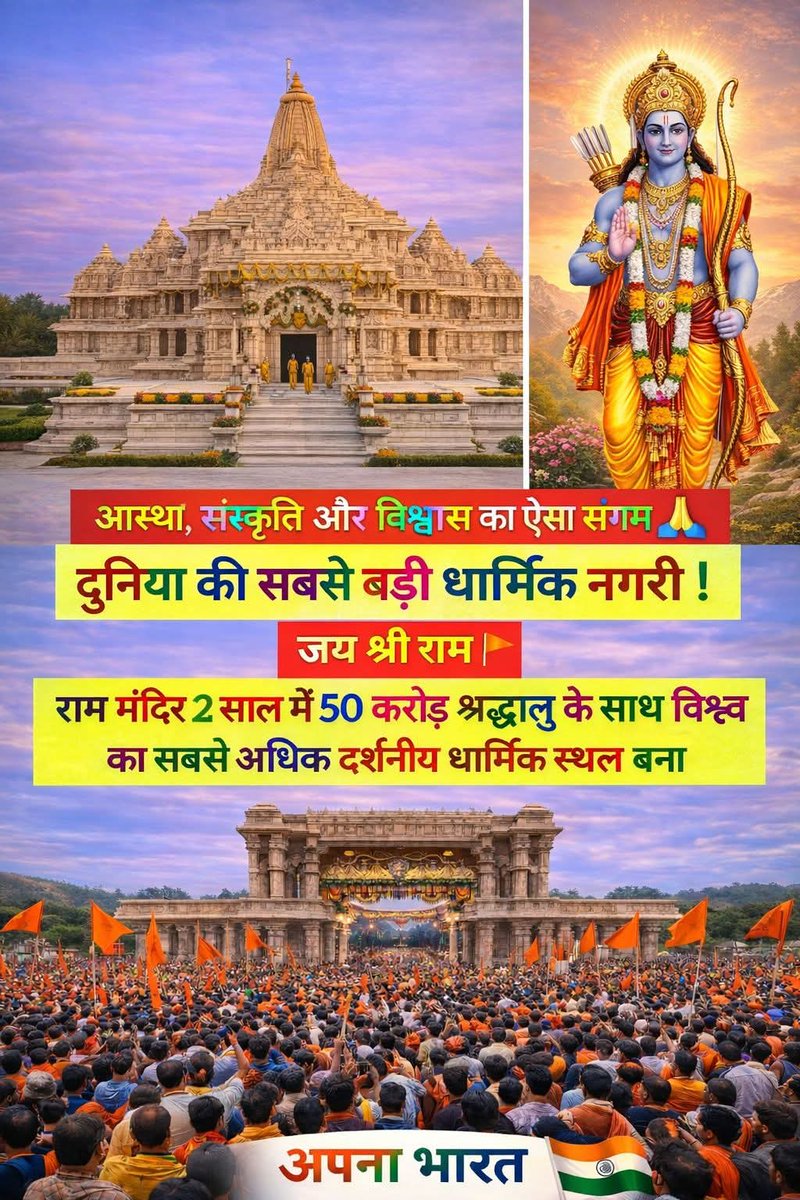 आस्था, संस्कृति और विश्वास का ऐसा संगम 🙏
दुनिया की सबसे बड़ी धार्मिक नगरी !
जय श्री राम 🚩
राम मंदिर 2 साल में 50 करोड़ श्रद्धालु के साथ
विश्व का सबसे अधिक दर्शनीय धार्मिक स्थल बना
अपना भारत 🇮🇳