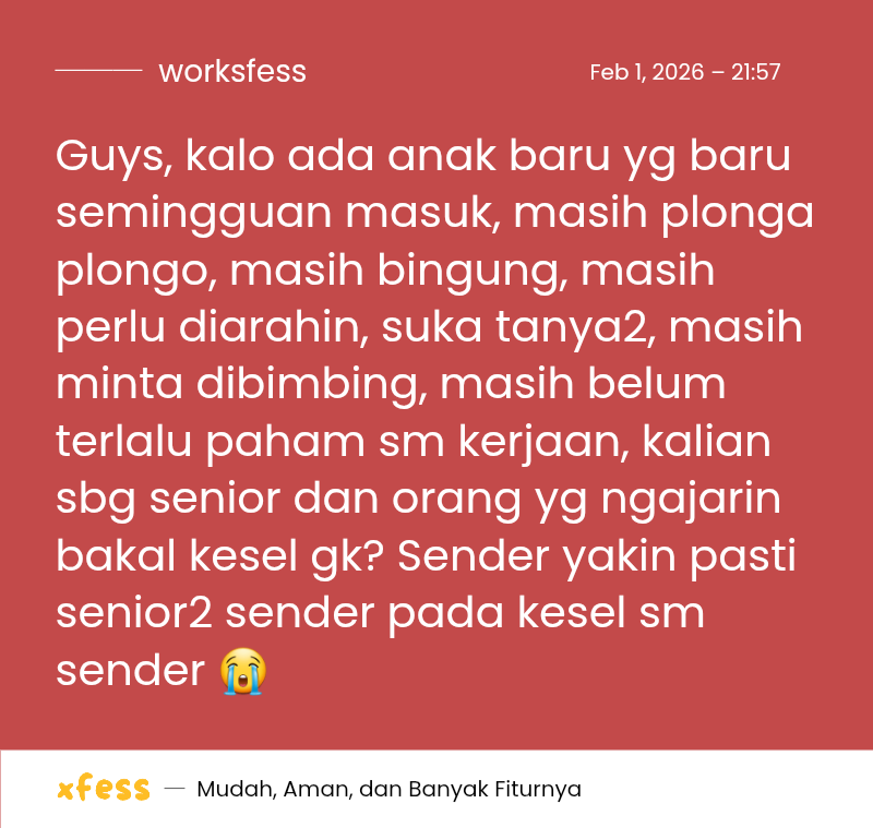 worksfess's tweet image. I'm 24 y.o, fresh grad (telat lulus), and this is my first job. Sender catat penjelasan dari atasan dan senior, tp kadang lupa karna diajarin banyak hal sekaligus, masih rakut2 jg dalam bekerja 😔
Work!