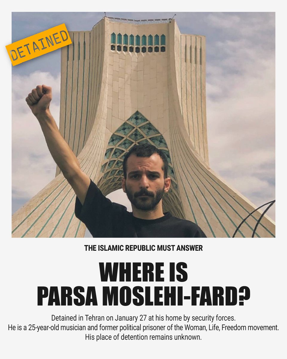 saarmot's tweet photo. Parsa Moslehi-Fard is a 25-year-old musician and former political prisoner of the Woman, Life, Freedom movement.

He was arrested in Tehran on January 27. His place of detention remains unknown.  

Say his name.
#پارسا_مصلحی_فرد  
#بازداشت_غیرقانونی 
@drmaisato @HRANA_English @amnesty