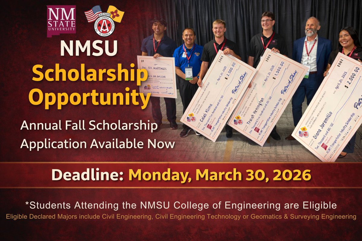 🎓 <a href="/nmsu/">New Mexico State</a>  Fall Scholarship now open!
Engineering students pursuing civil, geomatics, or construction-related majors — don’t miss this opportunity.
🗓 Deadline: March 30, 2026
👉 Apply now aconm.org/scholarships/