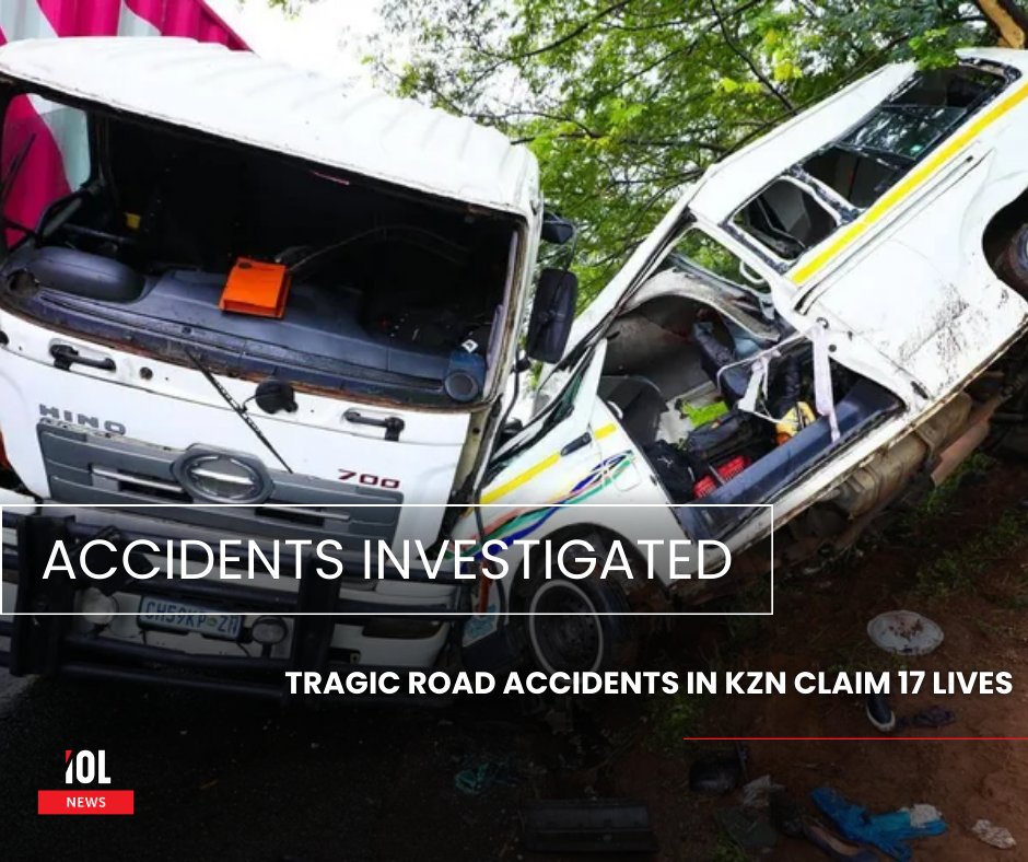 IOL's tweet photo. KwaZulu-Natal police are investigating two separate mass-casualty crashes that claimed 17 lives.
#KZN #RoadSafety #MassCasualtyCrash #N2 #Mtubatuba #CulpableHomicide
Read on: https://t.co/jERpgnXRy1 https://t.co/t2qo87XOlU