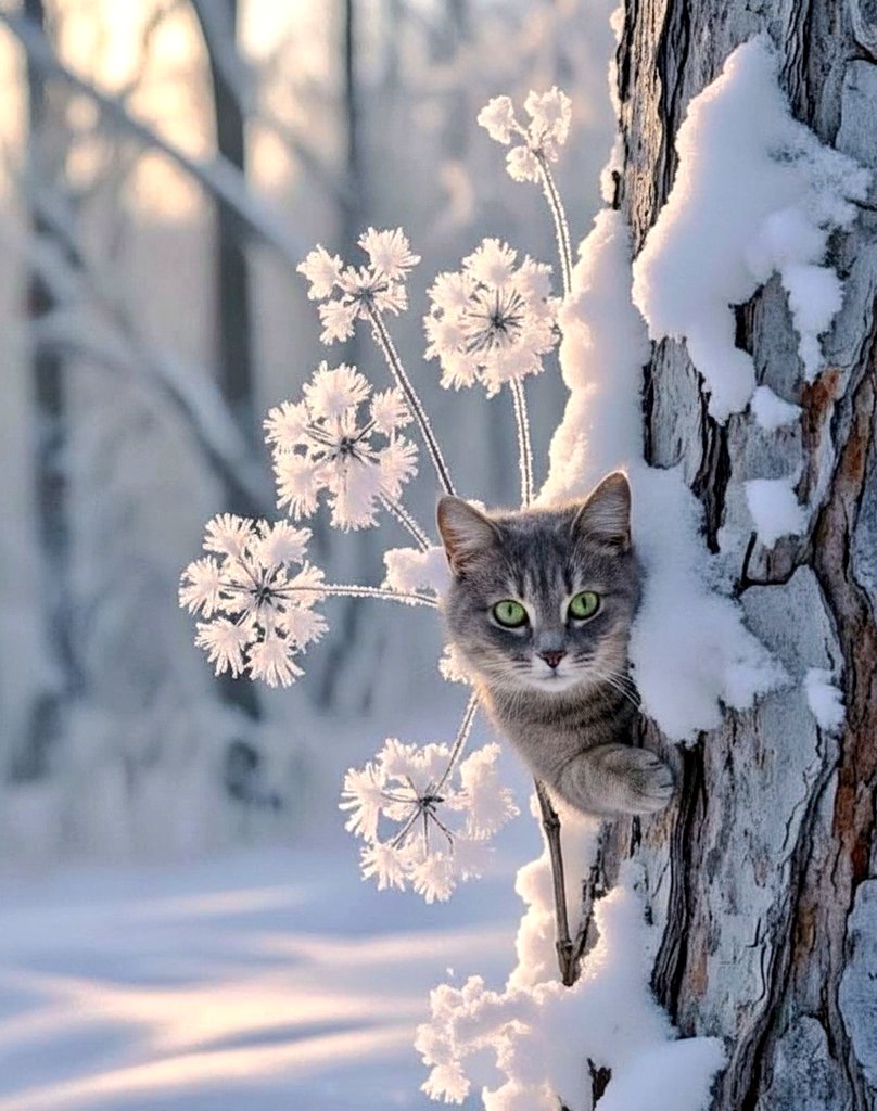 Najaf_mirzaa's tweet image. Frosty flowers &amp;amp; a curious cat 🐈❤️‍🔥 hiding in a snowy tree trunk.Winter wonder vibes 📸 #WinterCat #FrostyNature #CozySeason