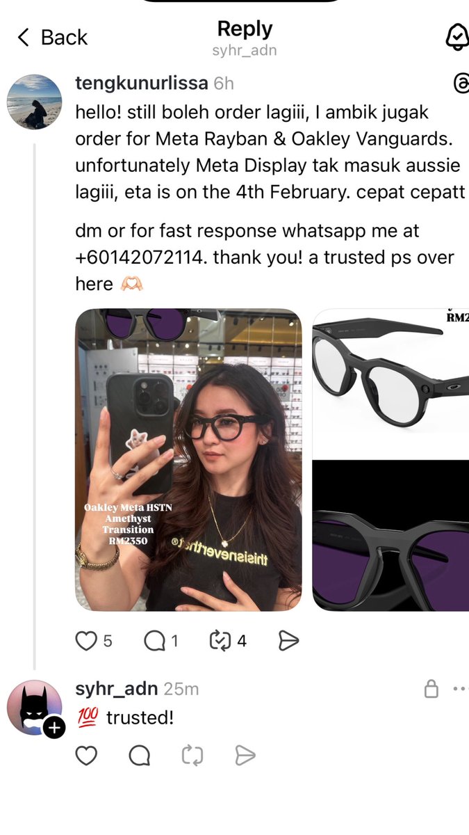 tengkunurlissa's tweet photo. siapa siapa nak Meta Rayban &amp; Oakley still boleh order lagi! any cyclists or runners can get the Meta Vanguards, whoever nak tukar the lens to prescription lens pun boleh, eta is on the 4th February

dm or for fast response whatsapp me at +60142072114. thank you! a trusted ps 🫶🏻 https://t.co/PNUOOvDH9E
