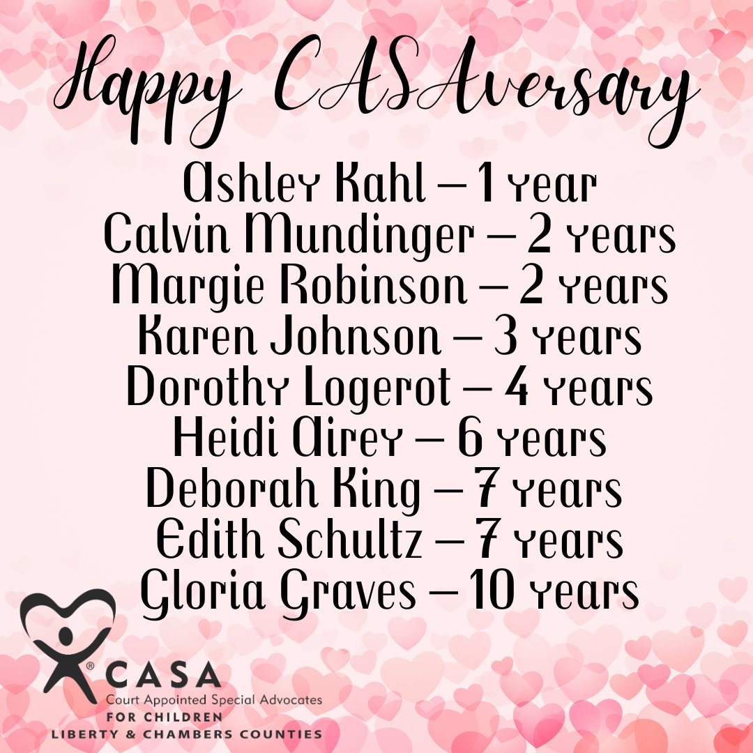 CASALCCTX's tweet image. Please help us show some love to these NINE Advocates celebrating their CASAversary this month! Thank you all for your dedication to our mission to advocate for the best interest of abused and neglected children in the court system. #BecomeaCASA