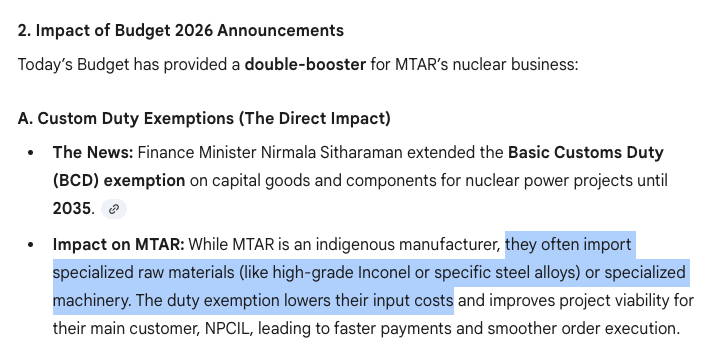 Shashank1171's tweet image. #MTARTECH  a critical player in nuclear value chain. Basic custom duty exemption in budget 2026 to boost margins.