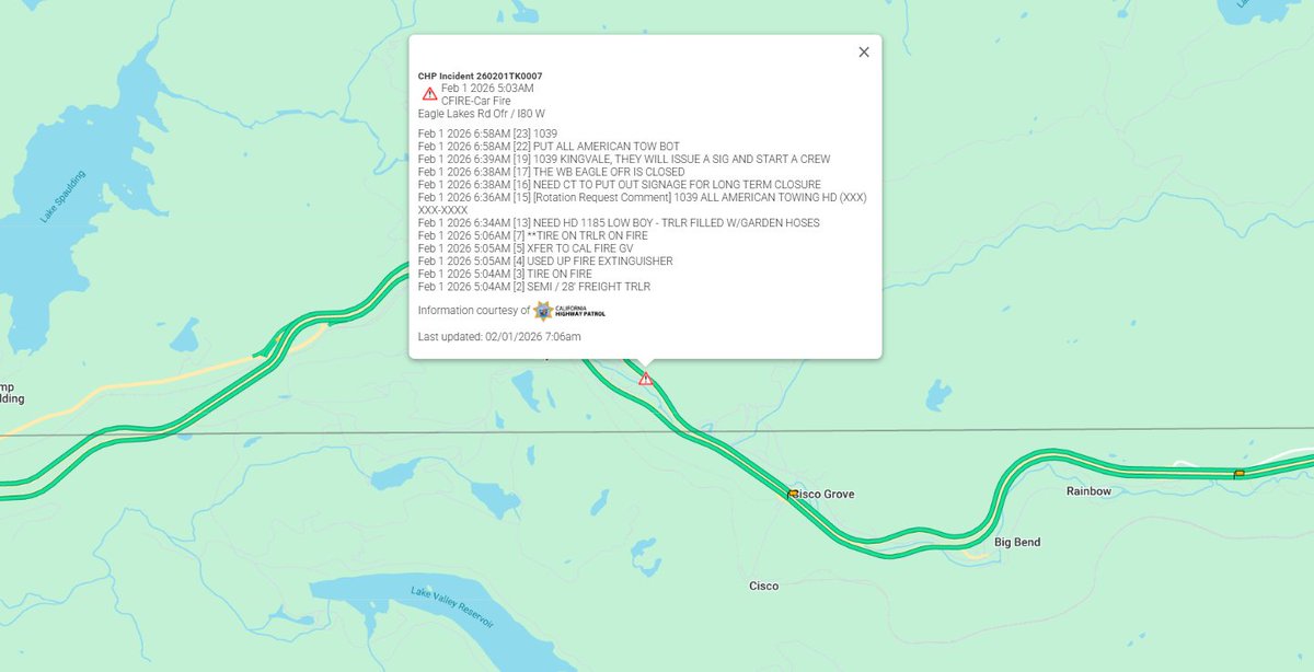 CaltransDist3's tweet image. #TrafficAlert | County of Nevada, CA | 2/1/2026 at 7:12 a.m.
Caltrans has closed Exit 164 on State Route 80 due to a vehicle fire. A long-term closure is expected while crews complete cleanup operations. Check #QuickMap for real time updates on closure.