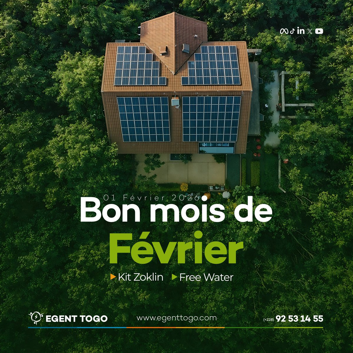 Un nouveau mois sous le signe de l'énergie positive ! 
Février commence aujourd'hui et avec lui, de nouvelles opportunités pour rendre votre foyer plus #autonome et durable. 🌍 Chez EGENT TOGO, nous croyons qu'une #énergie propre est la clé d'un avenir serein.
