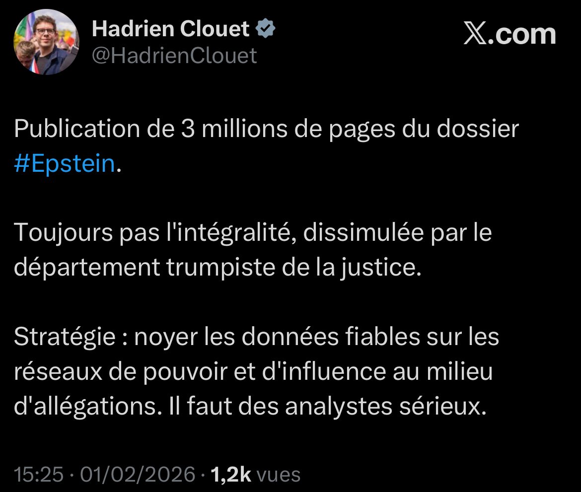 Les députés de la <a href="/FranceInsoumise/">La France insoumise</a> sont les SEULS de la classe politique française à parler des #EpsteinFiles 

Le silence complice des médias est sidérant.

Ne lâchons rien.