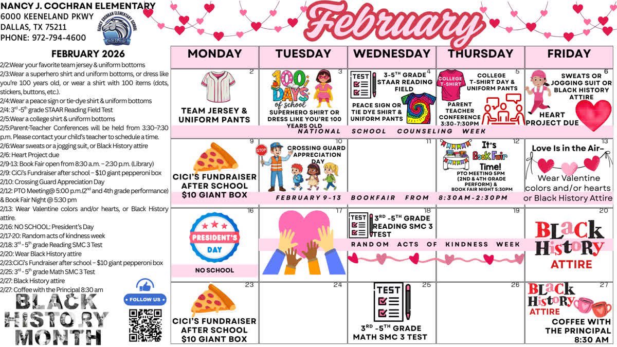 cochran_school's tweet photo. 📅 February is here! Check out what’s happening this month at Cochran — events, important dates, and activities you won’t want to miss.
Stay connected and mark your calendars! 💙 #CochranPride #SchoolEvents #February

#Region4SayNoMore @EDAmaya04 @SHussainDISD https://t.co/aRqdkvHSfC